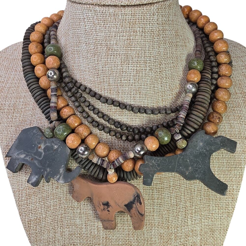 Vintage Safari Necklace Wood Bead Green Brown 16.5 Inch Multi Strand
